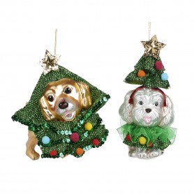 GLSS DOG IN XMAS TREE COST.ORN GRN