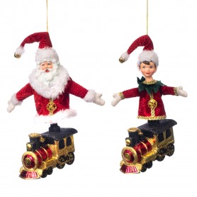 FABR.SANTA/ELF ON TRAIN ORN ASS/2 18CM