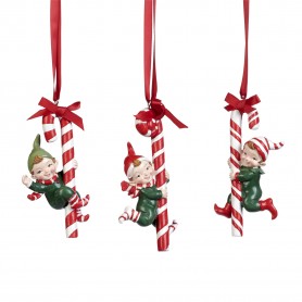 XMAS ELF ON CANDY CANE ORN ASS/3 10,5