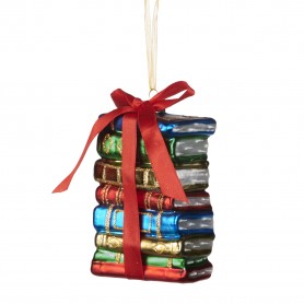 GLSS STACK OF BOOKS W/BOW ORN 11,5CM